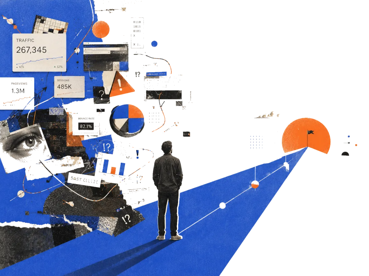 A person standing between disconnected analytics and a clear revenue destination