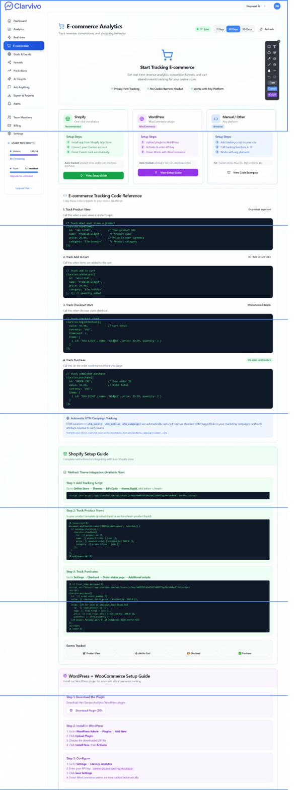 Clarvivo e-commerce setup guide showing one-click Shopify and WooCommerce integration options with code snippets